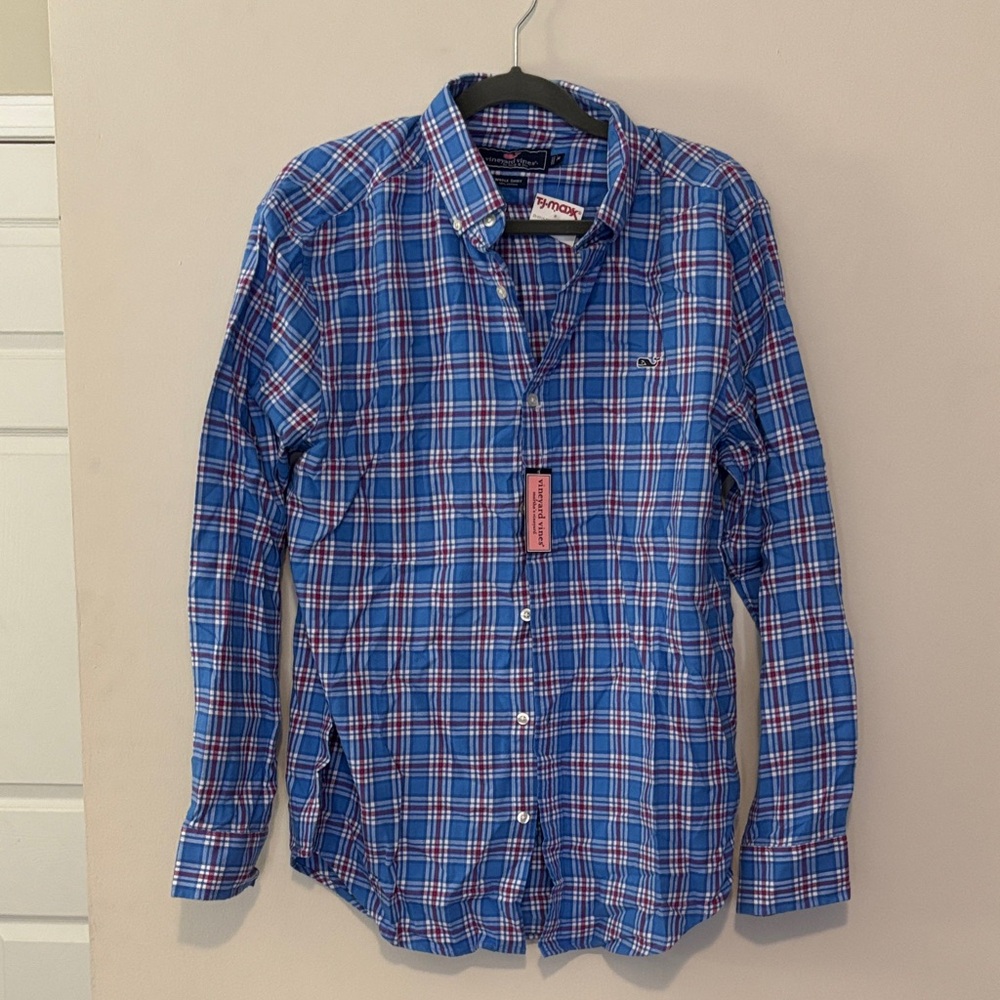 Nautica Men's Red and Blue Plaid Shirt